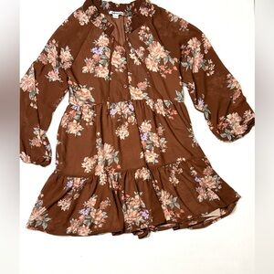American Eagle Brown Floral Tiered Long Sleeve Mini Dress Prairie Cottage-core